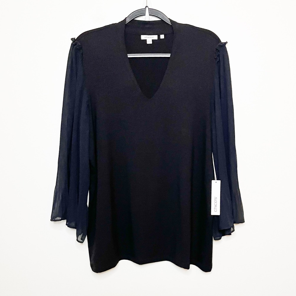 NEW Chico's Touch of Cool Chiffon Pleated Sleeve V-Neck Top Black Womens XL